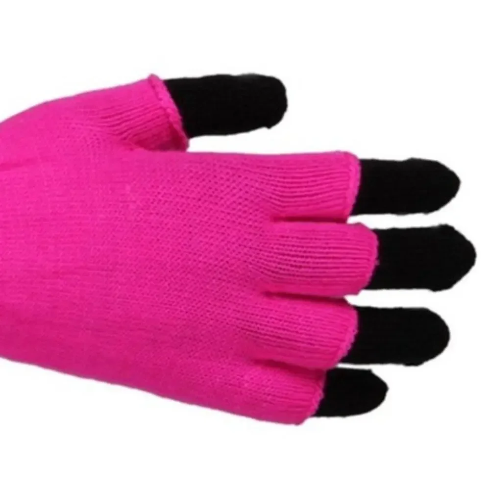 Stasia Neon Pink: Double Layered Knit Fingerless + black Finger Gloves OSFM